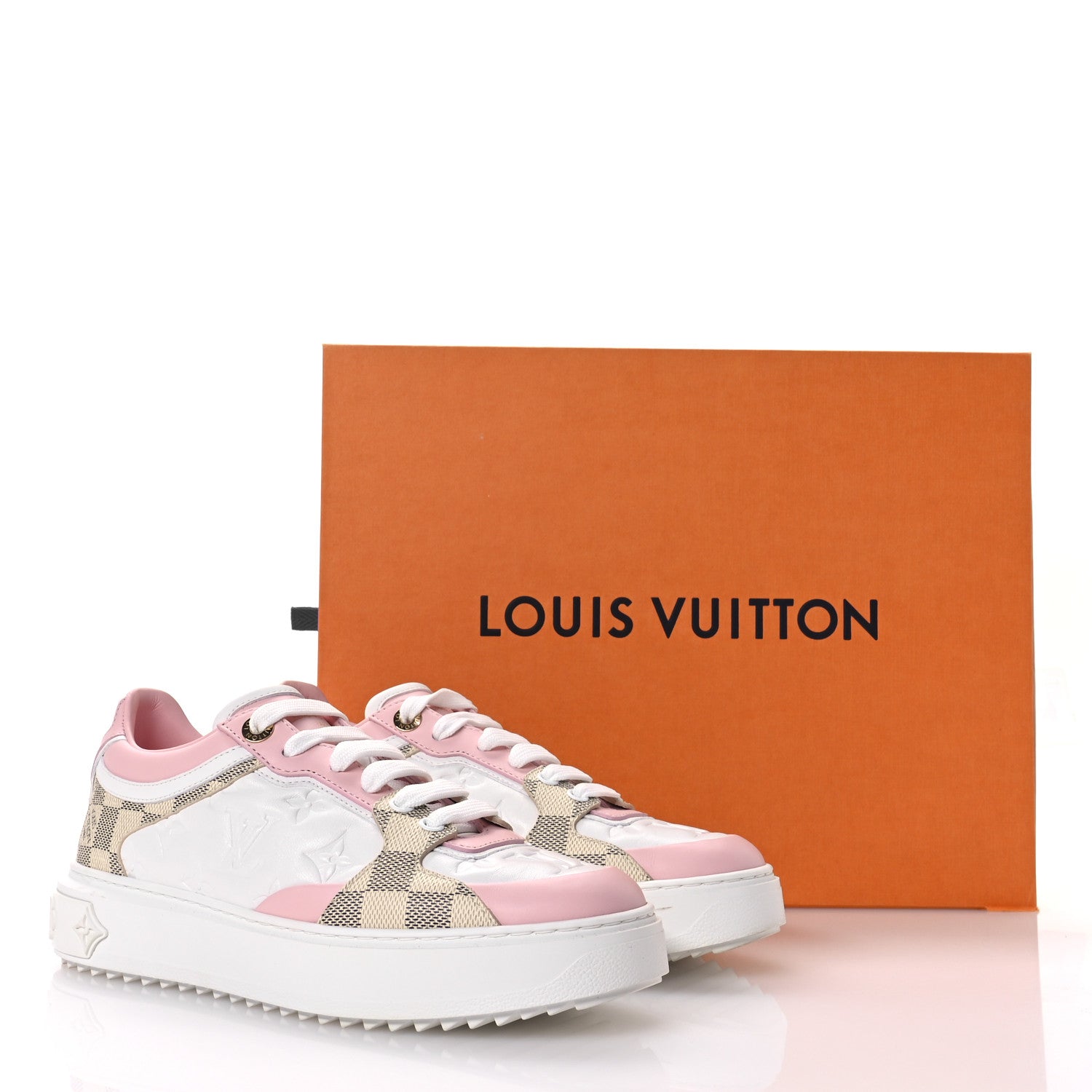 Louis Vuitton Monogram Embossed Calfskin Damier Azur Time Out Sneakers 37.5 Rose Clair Pink 10 of 10