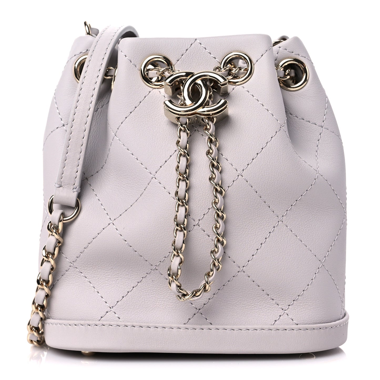 Calfskin Stitched Mini Drawstring CC Bag Light Grey
