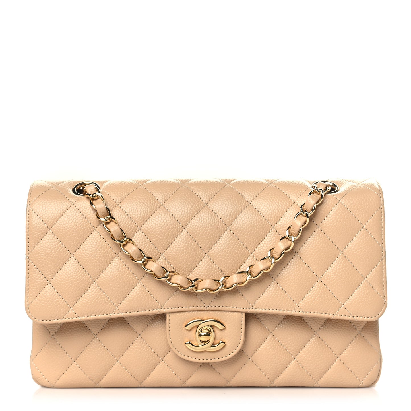 Caviar Quilted Medium Double Flap Beige