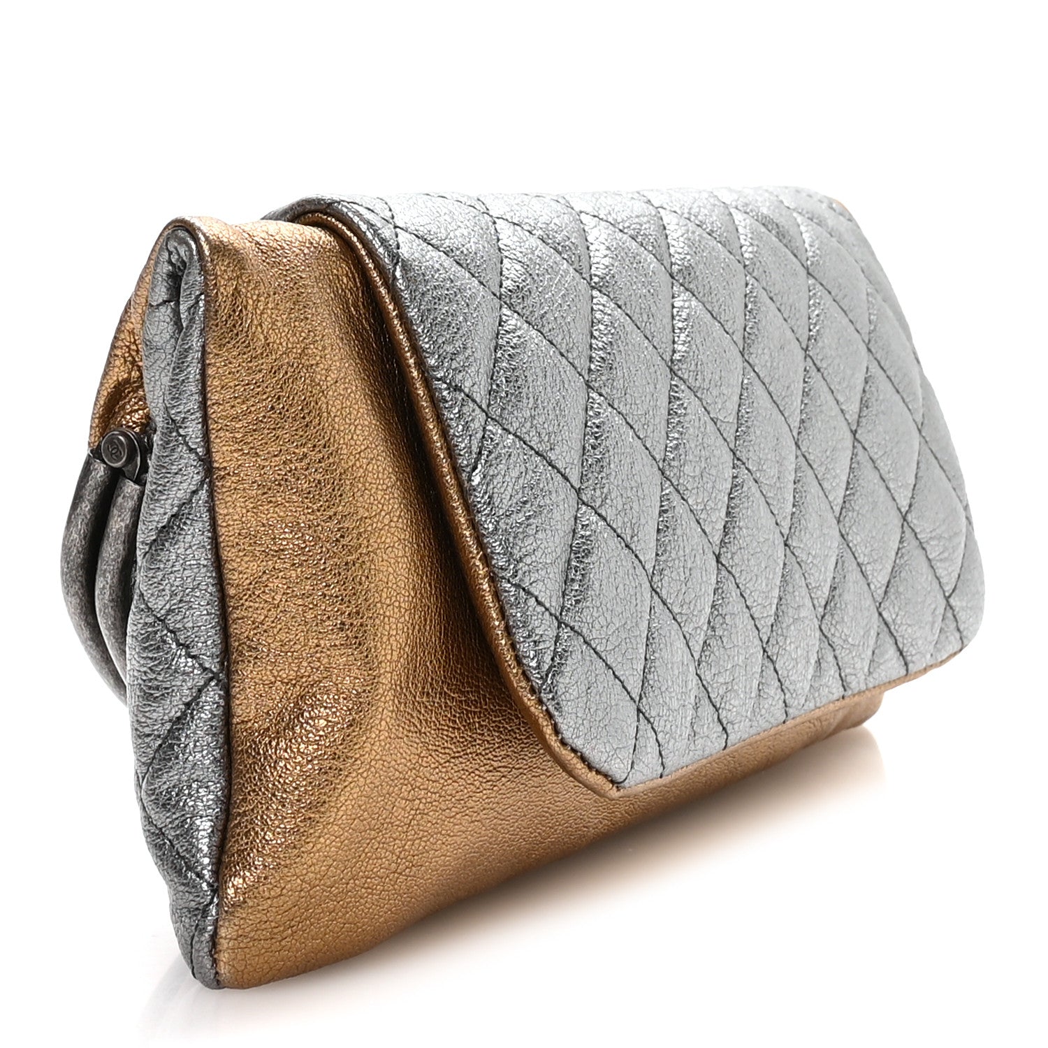 Chanel Metallic Goatskin Quilted Frame Clasp Flap Clutch Silver Gold 3 of 9