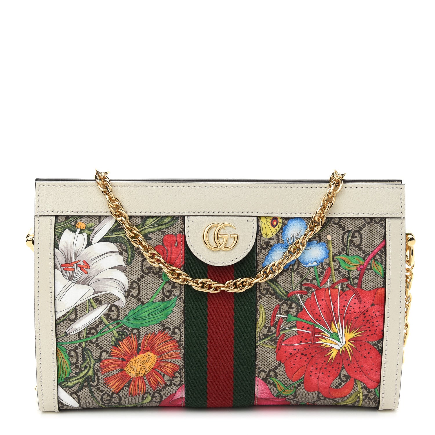 Gucci GG Supreme Monogram Flora Web Small Ophidia Chain Shoulder Bag White 1 of 9
