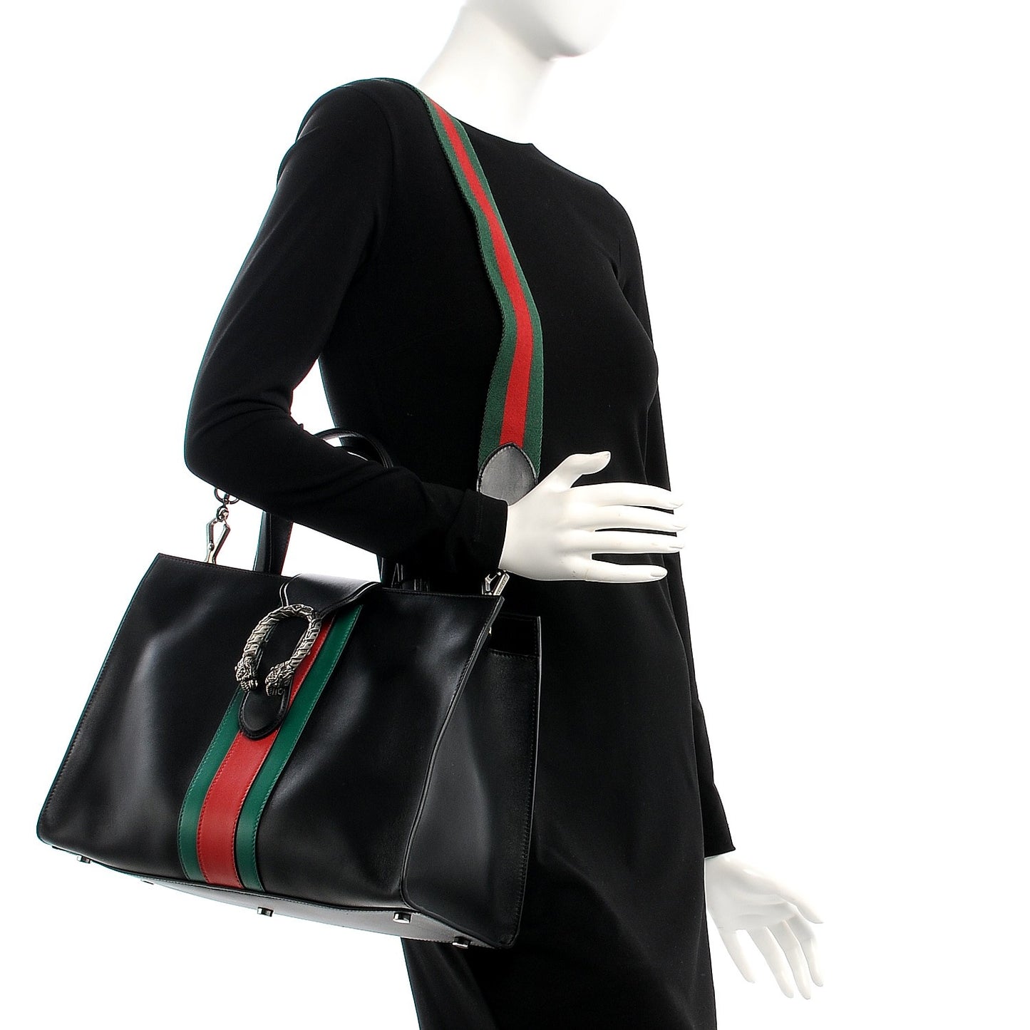 Calfskin Web Stripe Large Dionysus Tote Bag Black