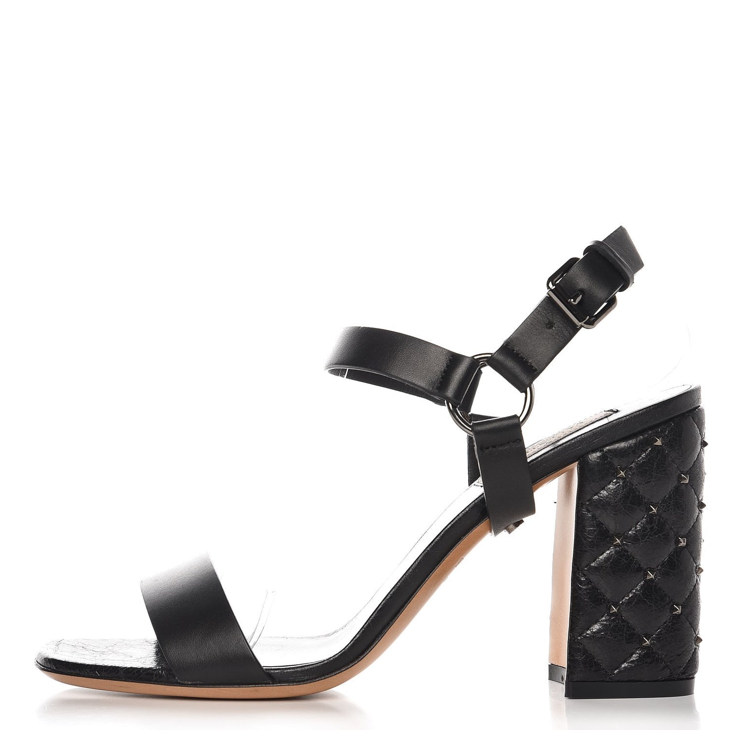 Calfskin Craquele Nappa Rockstud Spike 90mm Ankle Strap Sandals 39 Black