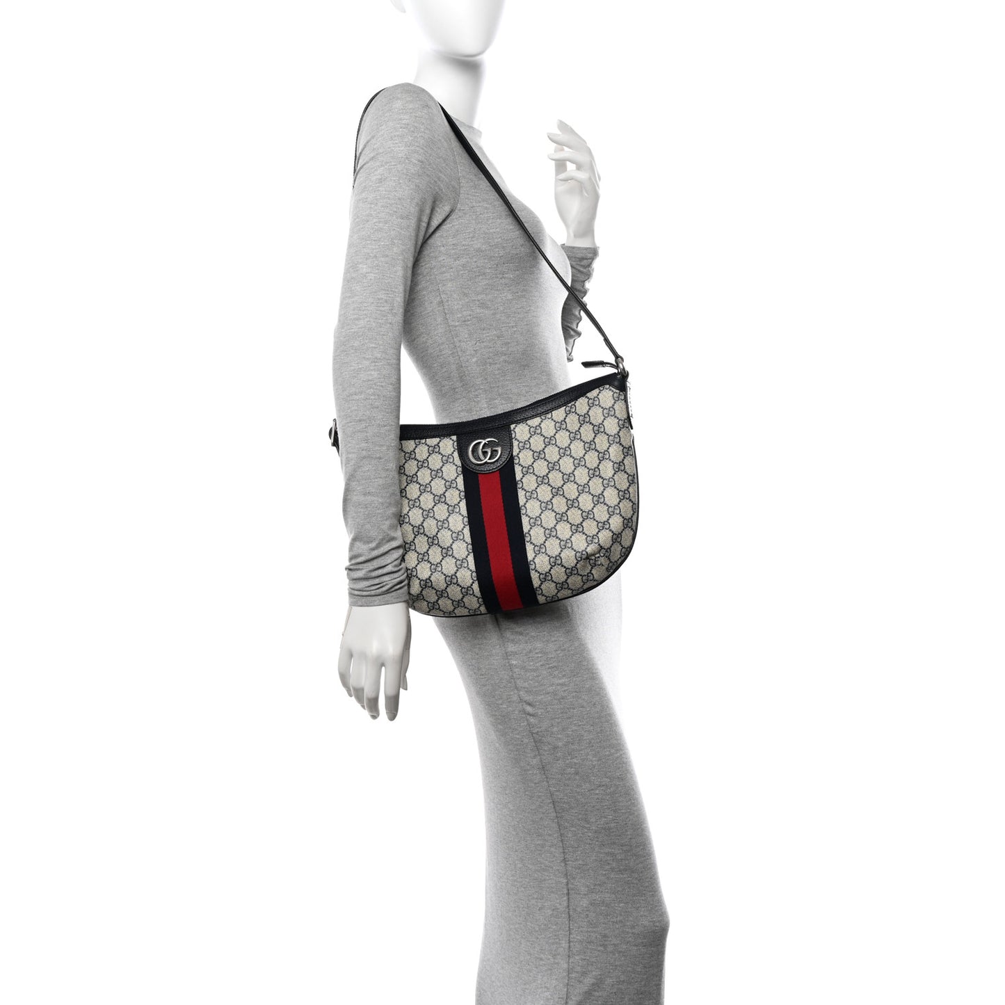 GG Supreme Monogram Textured Dollar Calfskin Web Small Ophidia Half Moon Hobo Beige Blue