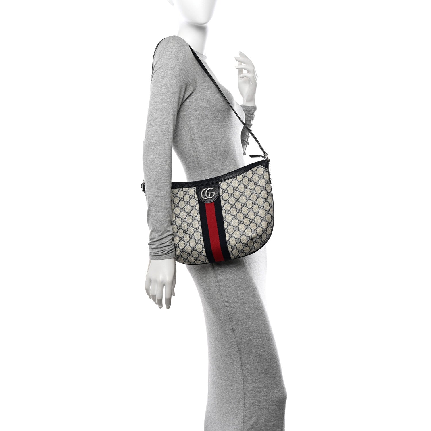 Gucci GG Supreme Monogram Textured Dollar Calfskin Web Small Ophidia Half Moon Hobo Beige Blue 2 of 12