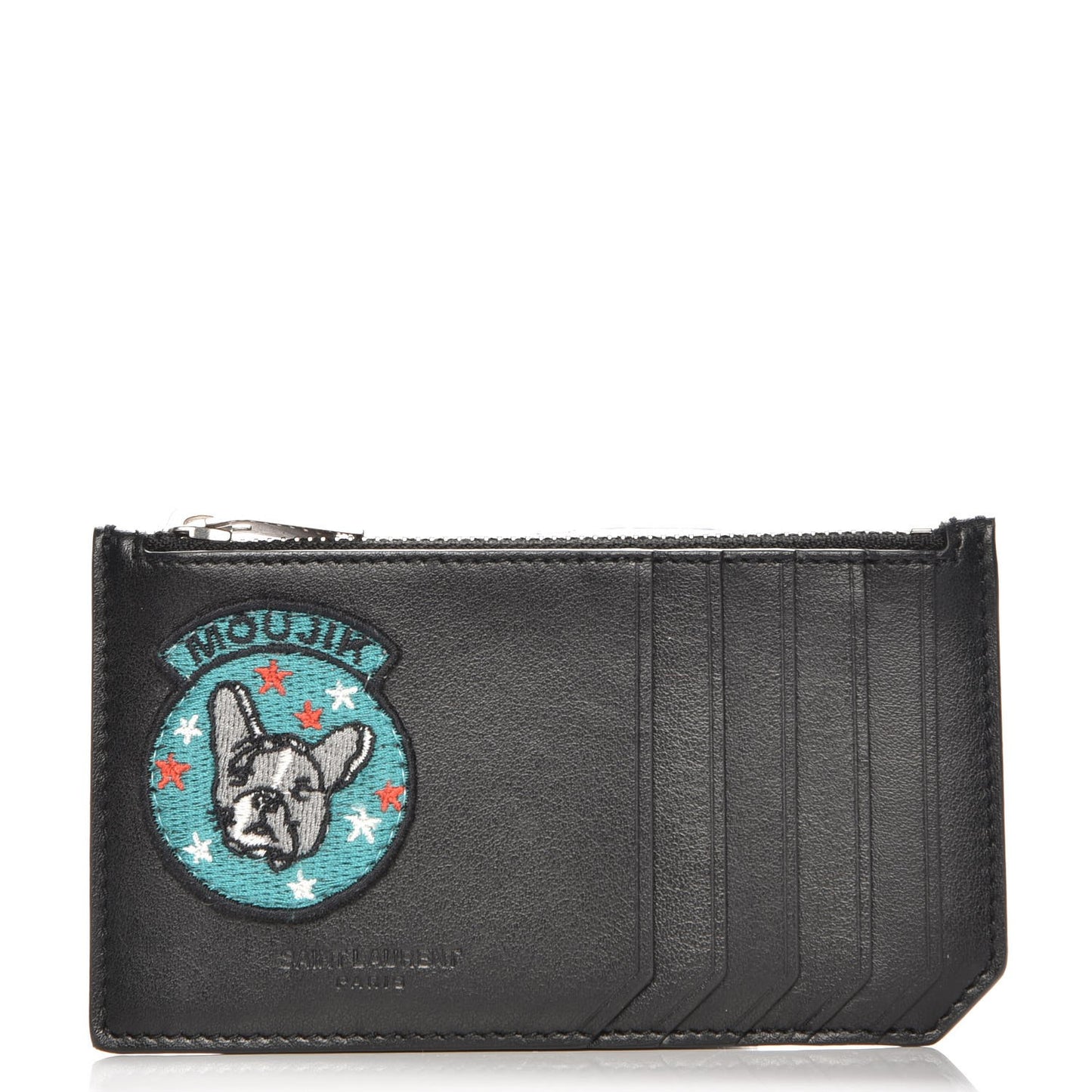 Calfskin Moujik Patch Fragments Zip Pouch Card Holder Black
