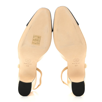 Chanel Goatskin Grosgrain Cap Toe CC Slingback Pumps 37 Beige Black 5 of 9
