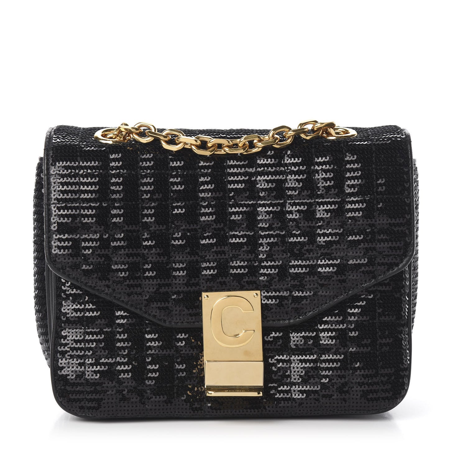 Sequin Calfskin Quilted Small C Bag Black