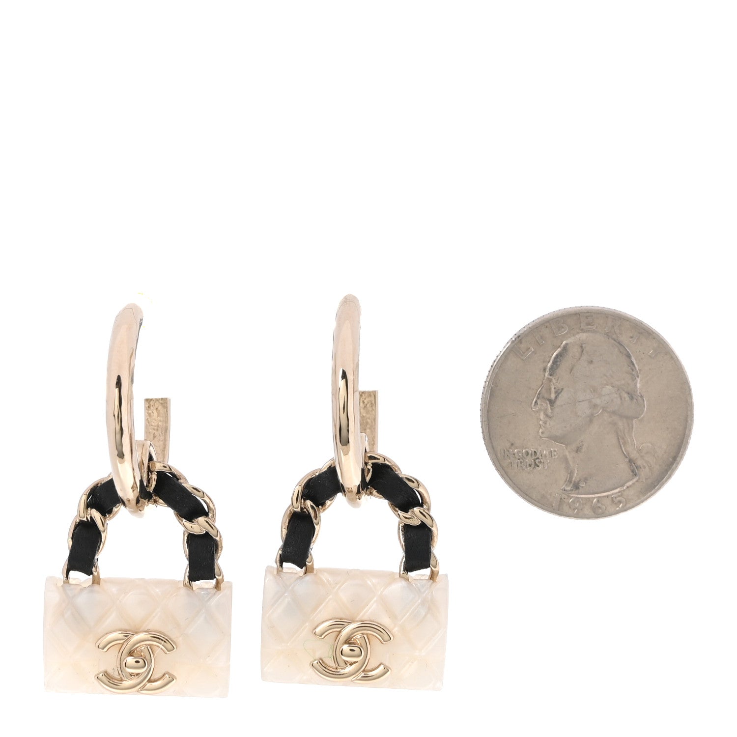 Chanel Metal Resin Calfskin Quilted CC Turnlock Chain Bag Earrings Gold Pearly White 2 of 5