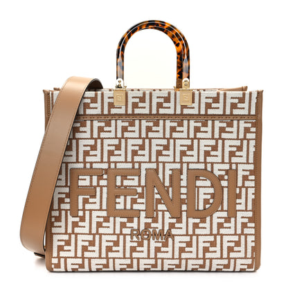 Fendi Woven Fabric Calfskin FF Medium Fendi Sunshine Shopper Tote Natural White Dark Honey 1 of 10