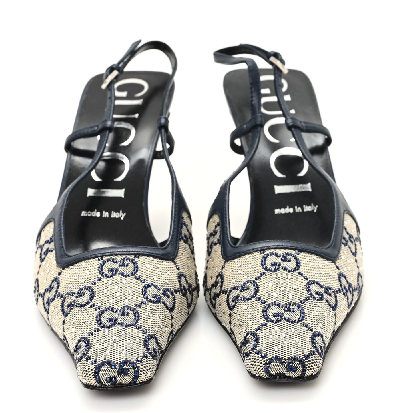GG Monogram Malaga Kid Crystal Square G 75mm Slingback Pumps 38 Beige Blue