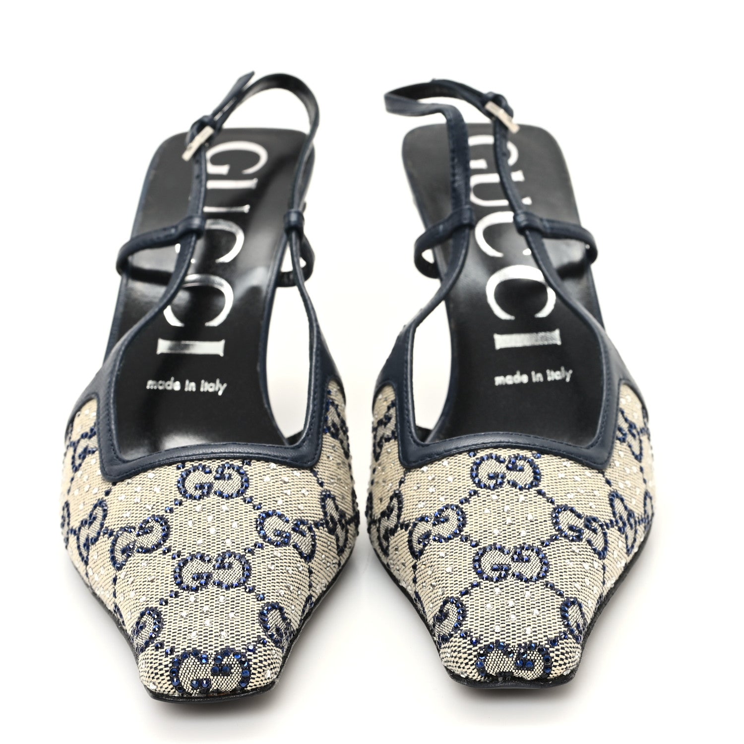 Gucci GG Monogram Malaga Kid Crystal Square G 75mm Slingback Pumps 38 Beige Blue 3 of 9
