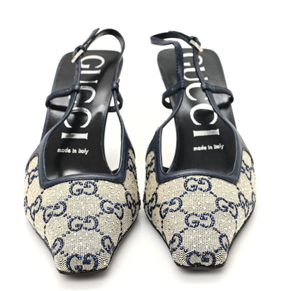 Gucci GG Monogram Malaga Kid Crystal Square G 75mm Slingback Pumps 38 Beige Blue 3 of 9