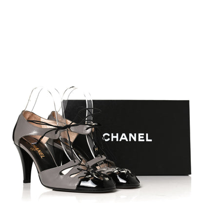 Chanel Patent Calfskin Lace Up Pumps 39 Grey Black 11 of 11