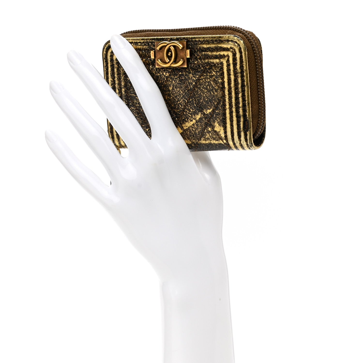 Chanel Cracked Metallic Calfskin Quilted Boy Zip Around Coin Purse Wallet Gold 2 of 8