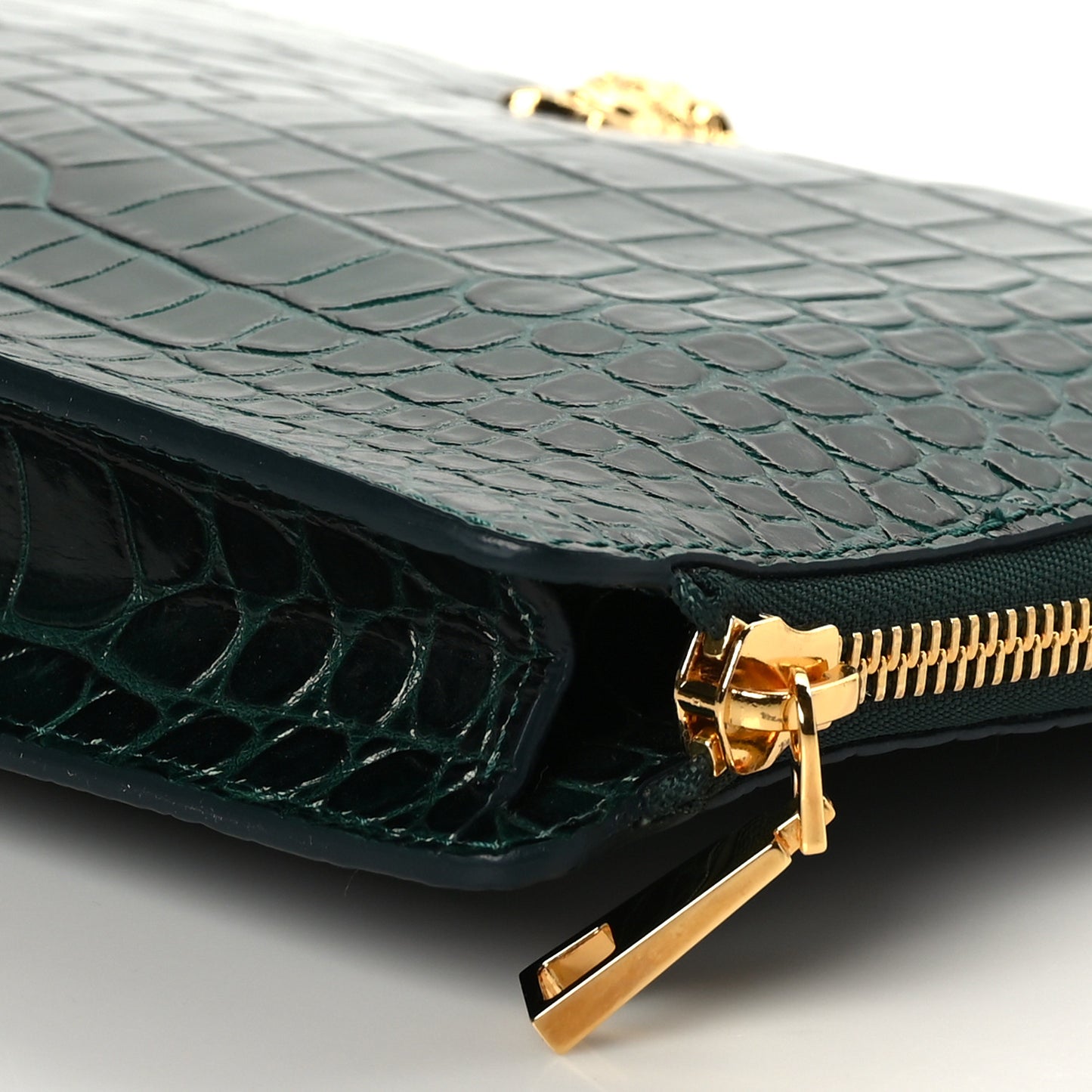 Crocodile Embossed Calfskin Medusa Small Zip Clutch Bottle Green