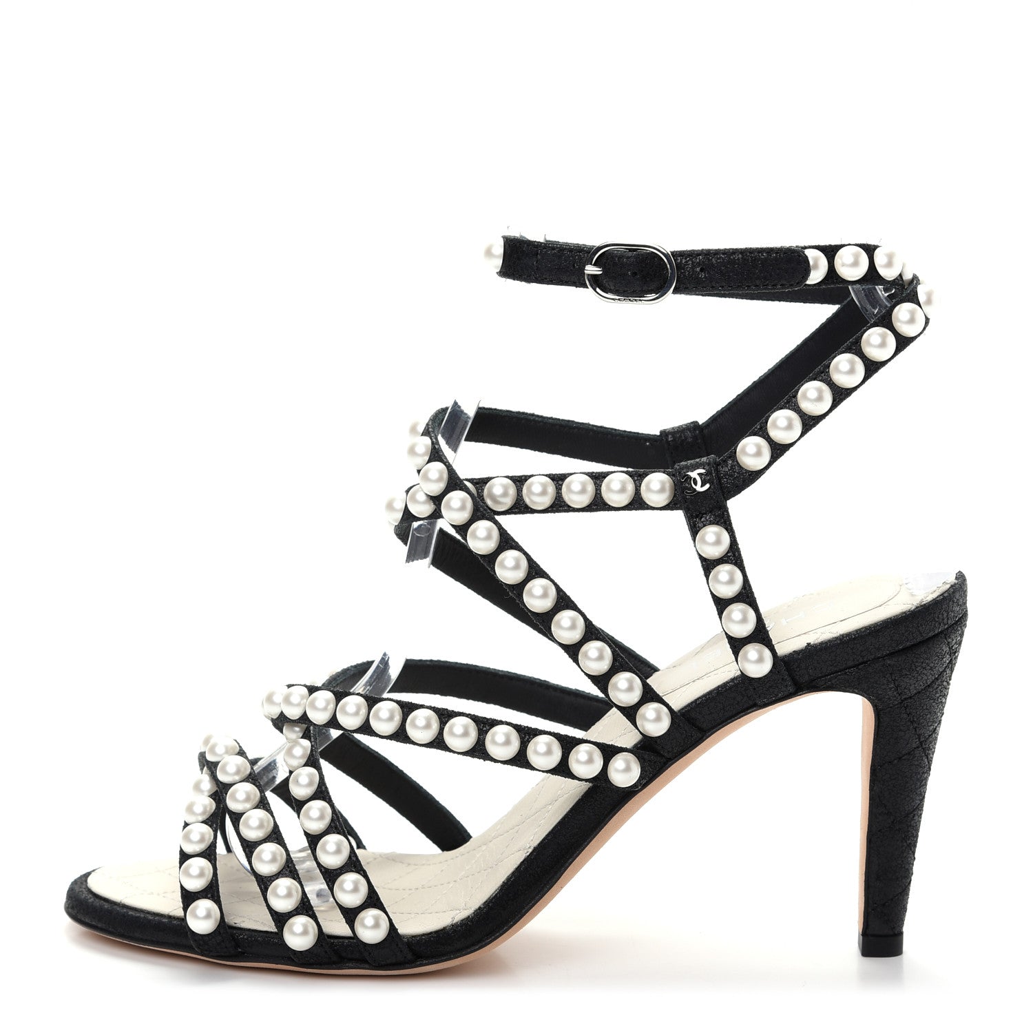 Chanel Crackled Lambskin Pearl Sandals 36.5 Black 1 of 10