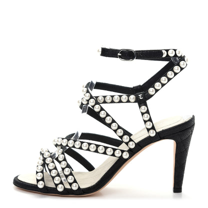 Chanel Crackled Lambskin Pearl Sandals 36.5 Black 1 of 10