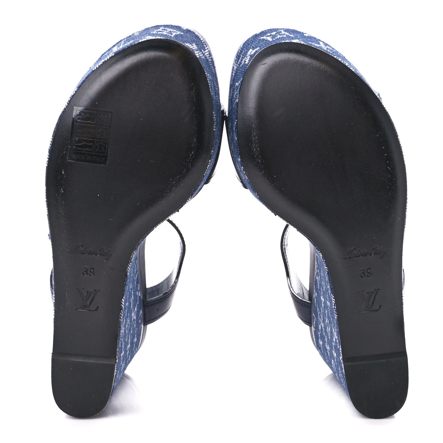 Louis Vuitton Calfskin Monogram Denim Waterfall Wedge Sandals 39 Blue 5 of 8