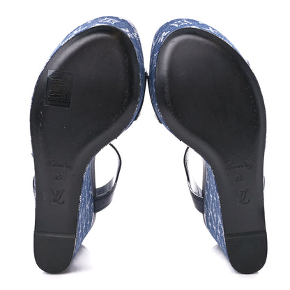 Louis Vuitton Calfskin Monogram Denim Waterfall Wedge Sandals 39 Blue 5 of 8
