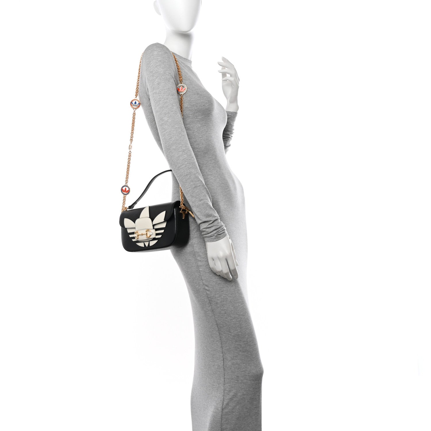Gucci X ADIDAS Textured Dollar Calfskin Web Small Trefoil Horsebit 1955 Shoulder Bag Black Off White 2 of 10