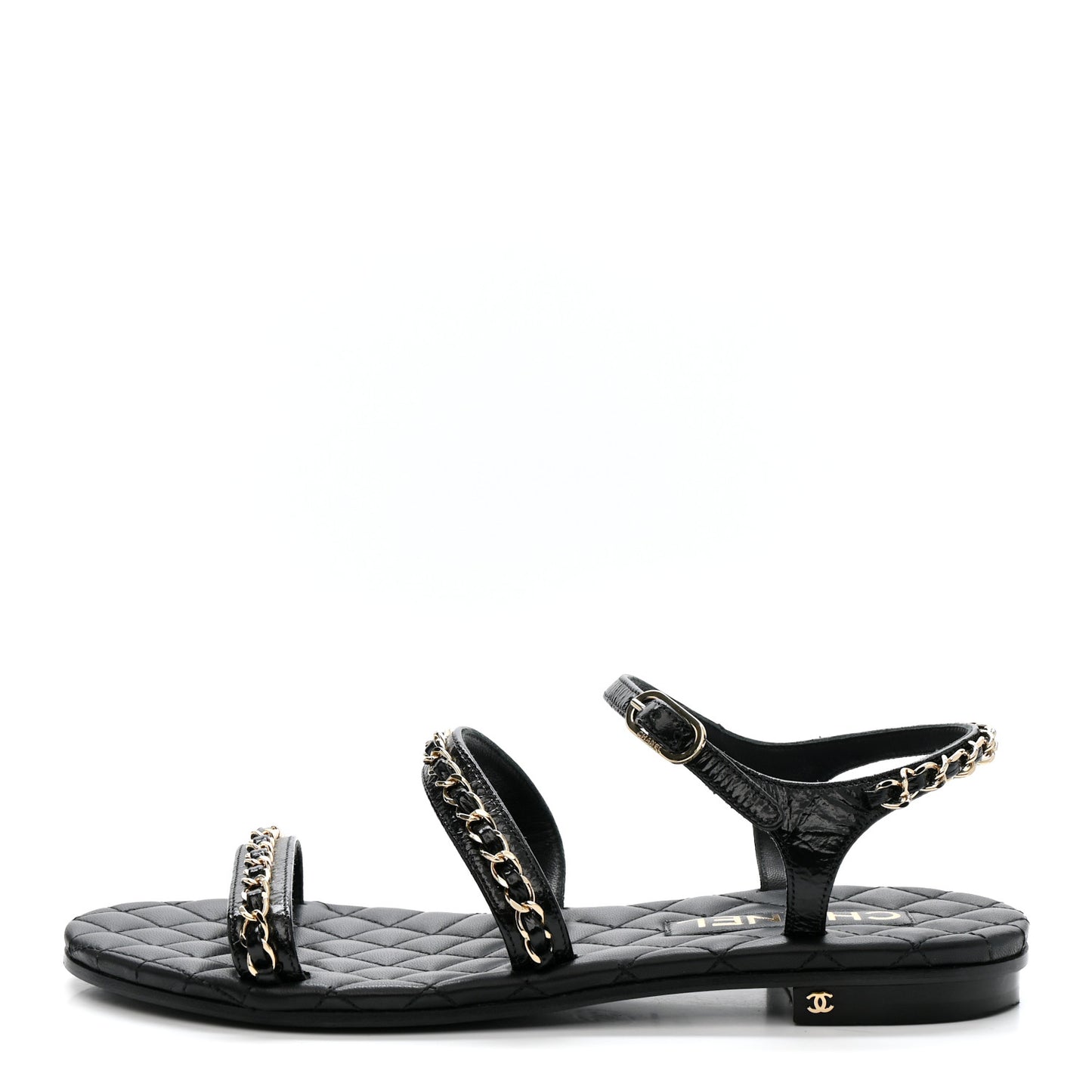 Crumpled Calfskin Chain Sandals 38 Black