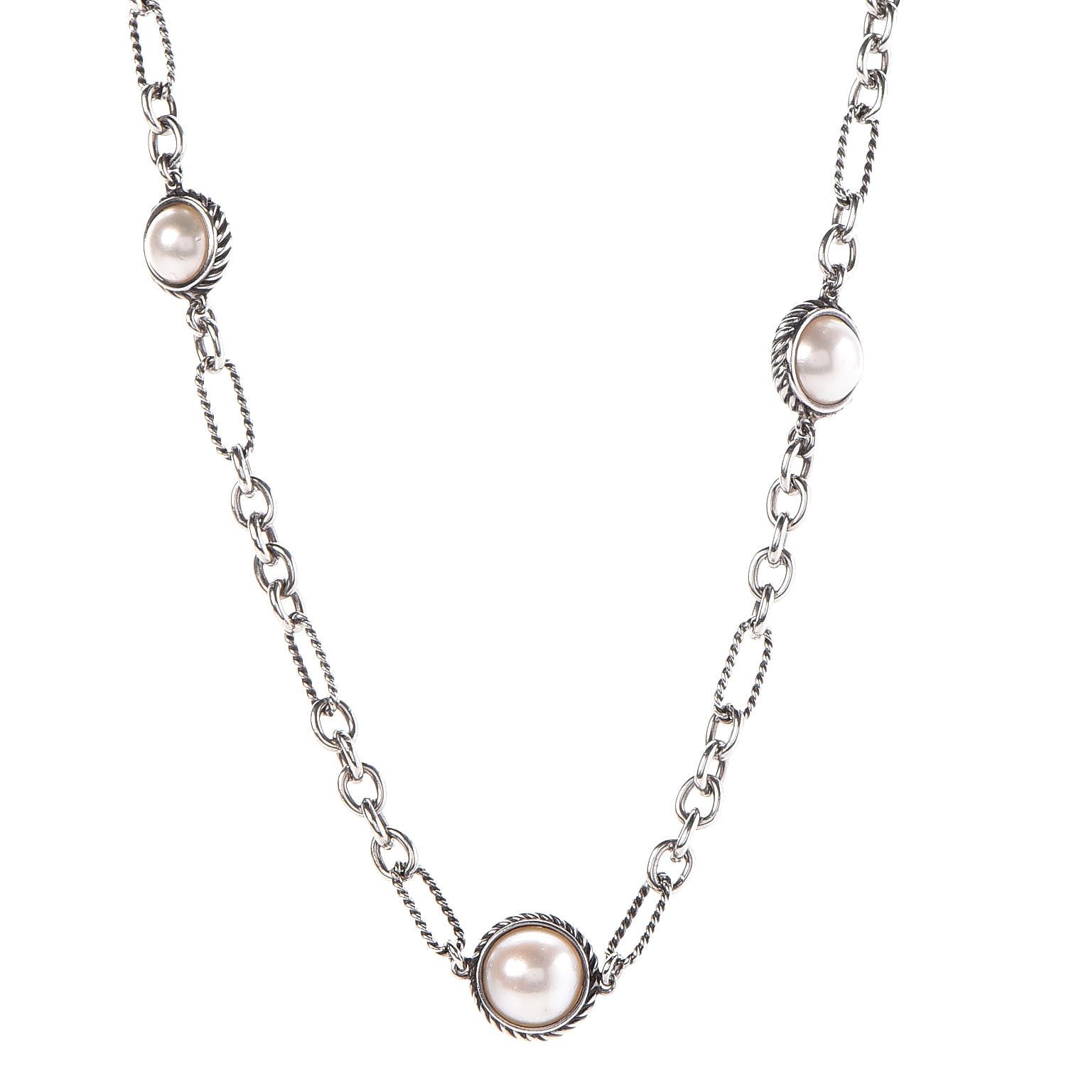 David Yurman Sterling Silver Pearl Cable Figaro Chain Necklace 1 of 6