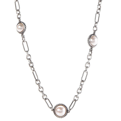 David Yurman Sterling Silver Pearl Cable Figaro Chain Necklace 1 of 6