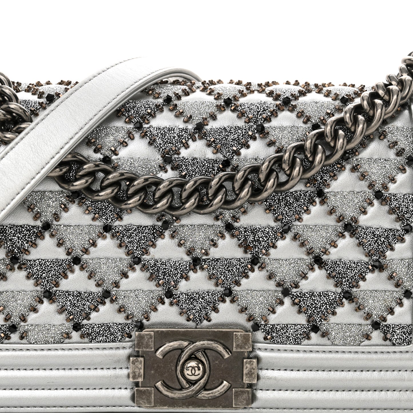 Metallic Lambskin Embellished Medium Boy Flap Silver