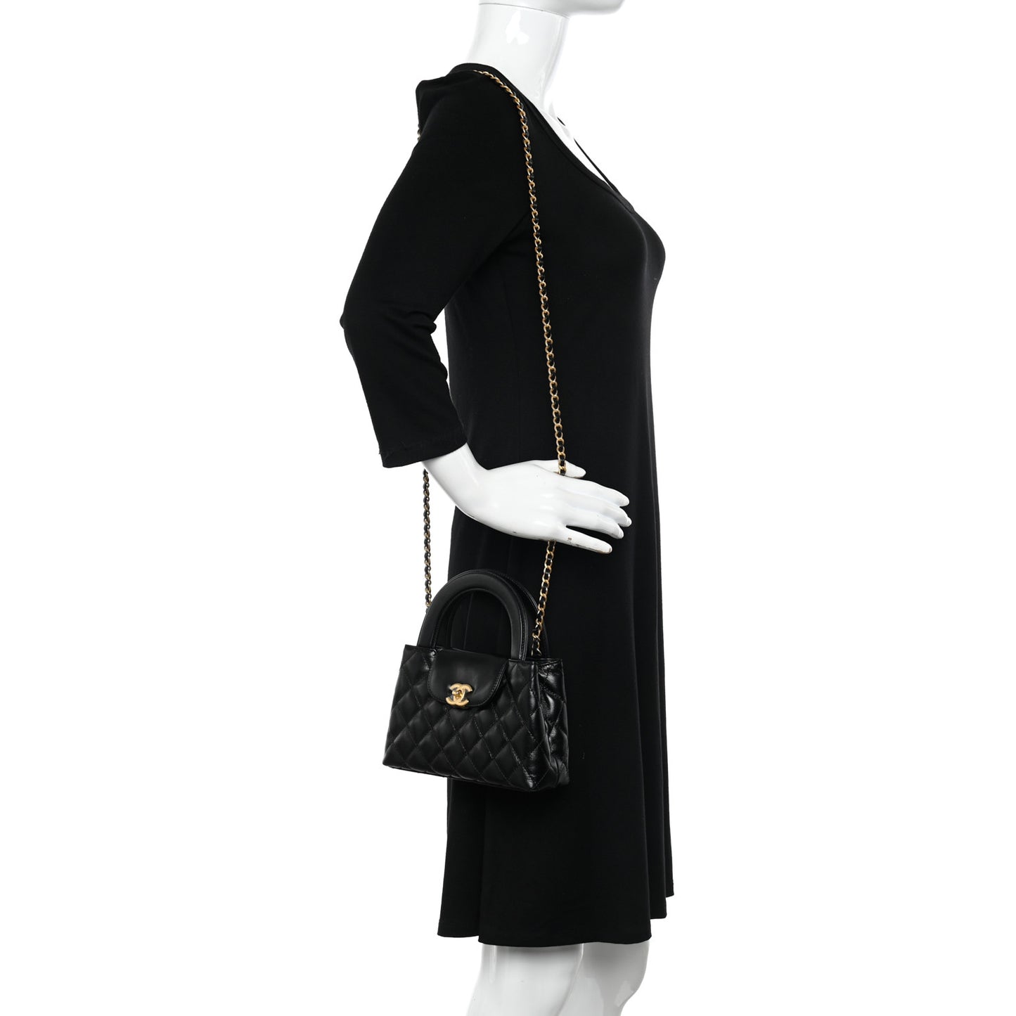 Shiny Aged Calfskin Quilted Nano Kelly Shopper Black