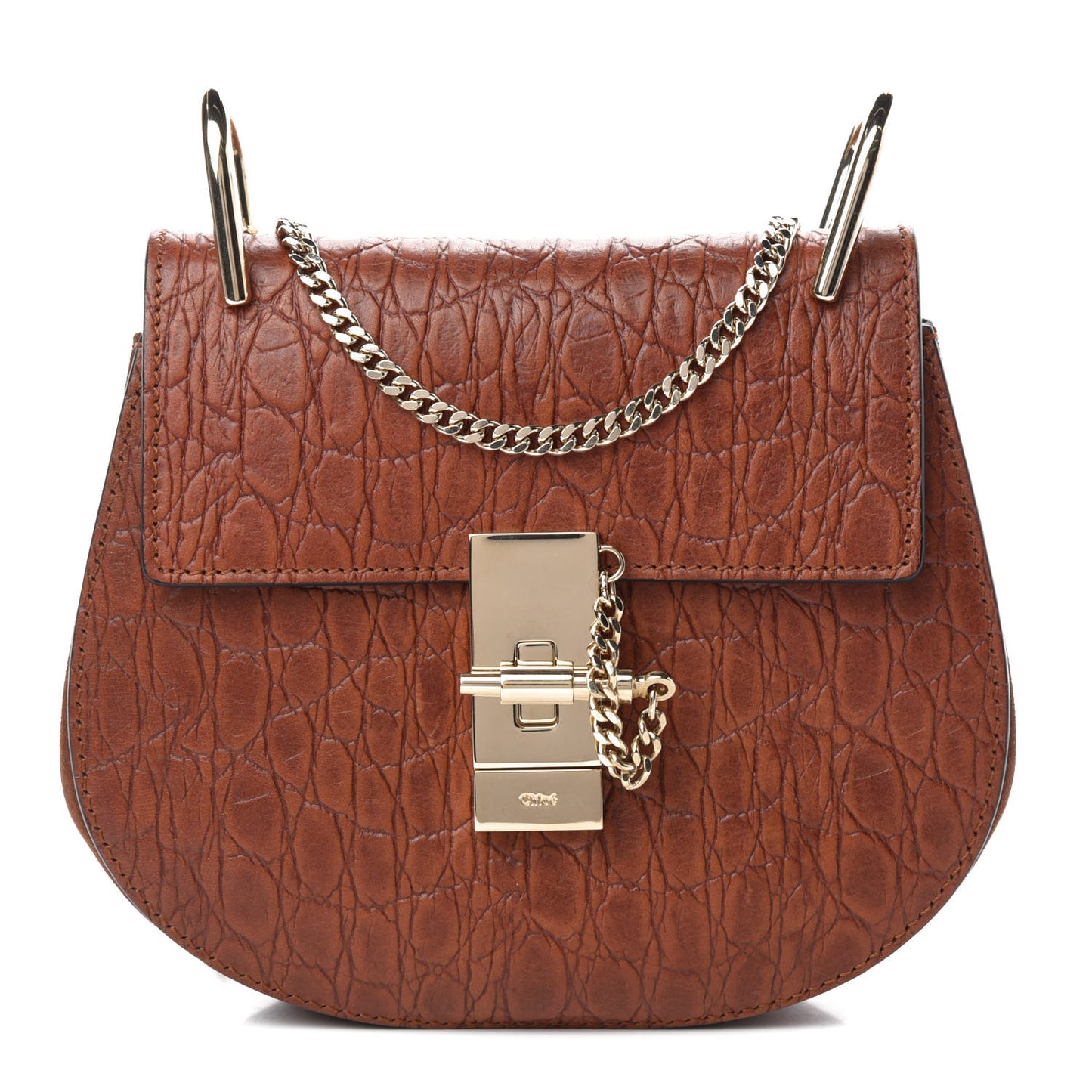 Calfskin Crocodile Embossed Drew Shoulder Bag Mahogany