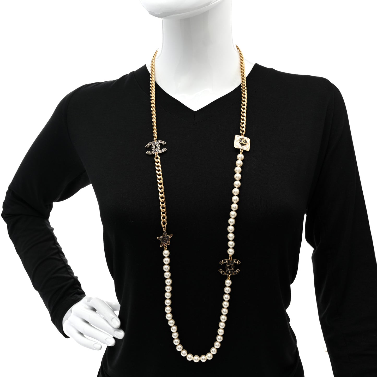 Metal Enamel Pearl Star CC Necklace Gold White