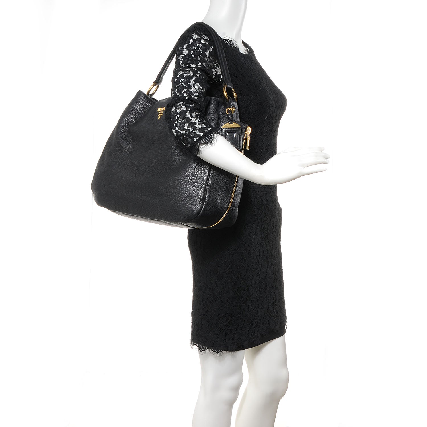 Prada Vitello Daino Side Zip Pocket Hobo Black 2 of 10