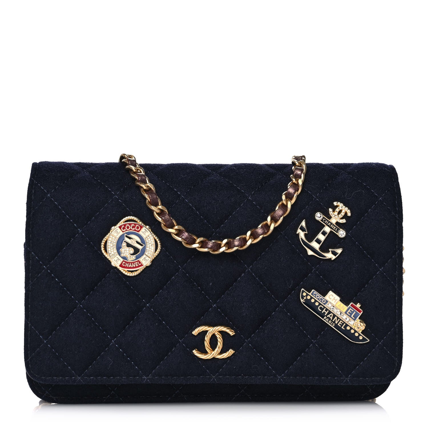 Chanel Felt Quilted Paris-Hamburg Charms Wallet On Chain WOC Dark Navy 1 of 10