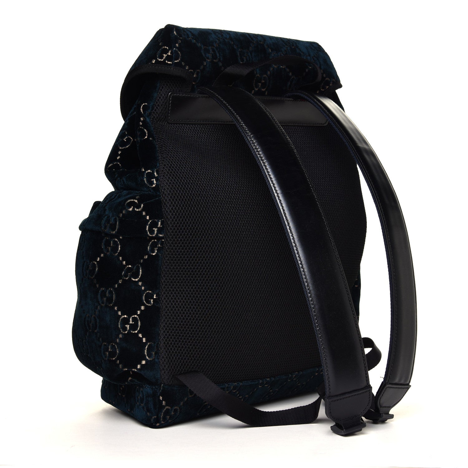 Gucci Velvet GG Monogram Web Medium Double Buckle Backpack Blue Beige Black 2 of 4