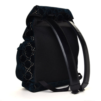 Gucci Velvet GG Monogram Web Medium Double Buckle Backpack Blue Beige Black 2 of 4
