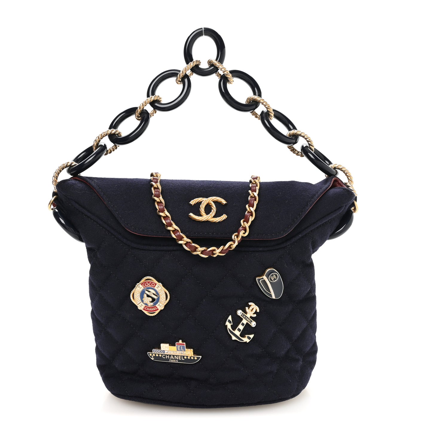 Wool Lambskin Quilted Paris Hamburg Charms Bucket Bag Dark Navy