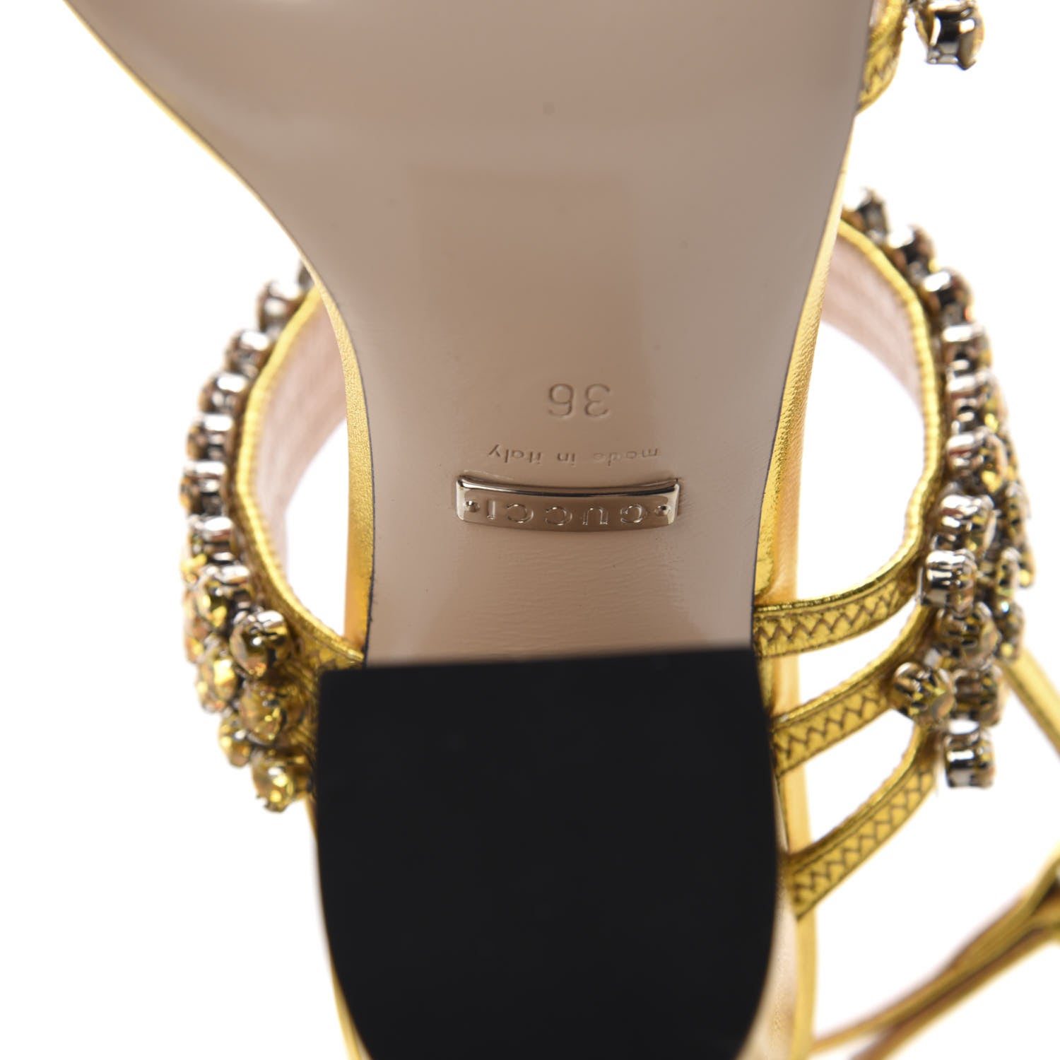 Gucci Nappa Silk Crystal Bertie High Heel Sandals 36 Gold 8 of 9
