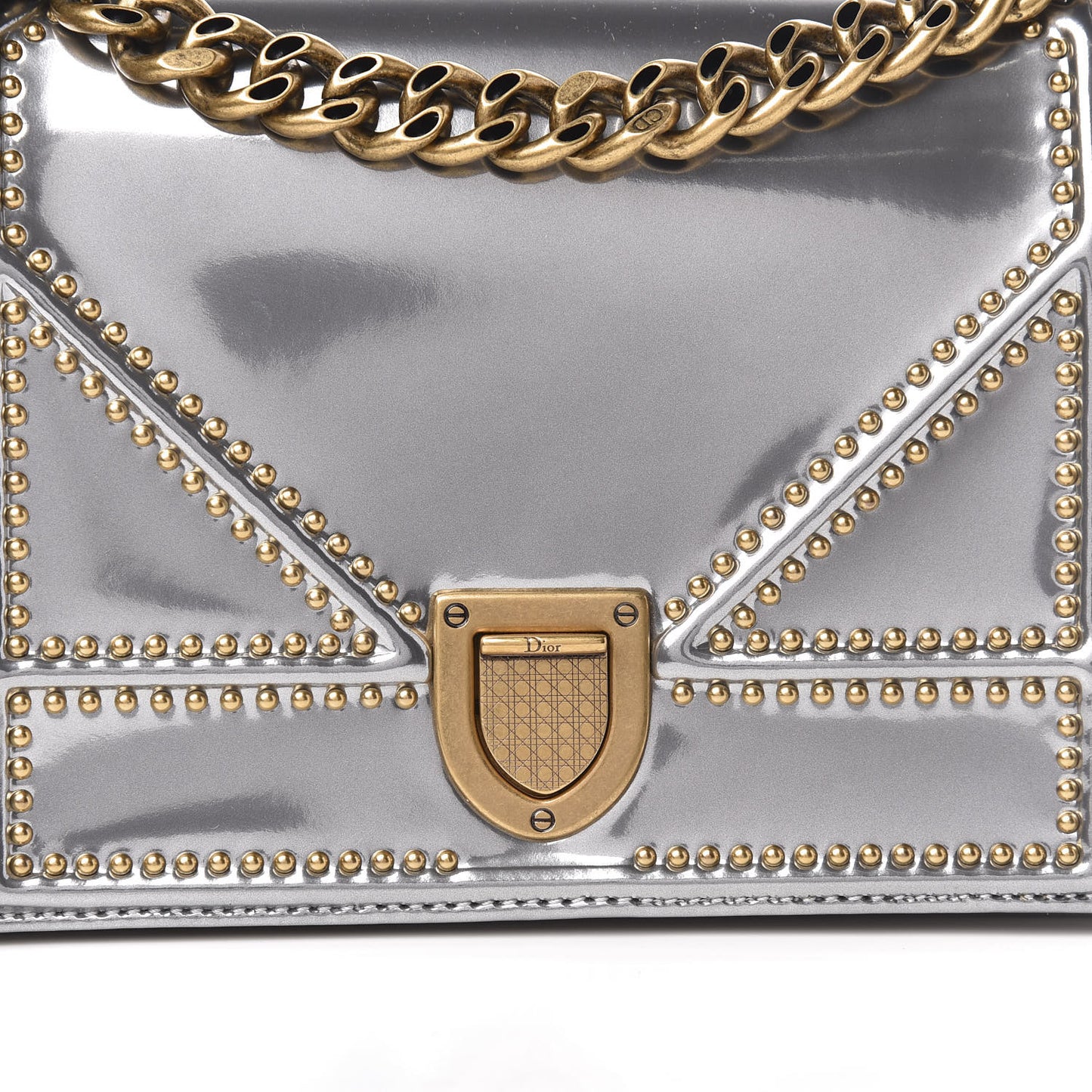 Metallic Patent Studded Small Diorama Flap Bag Silver