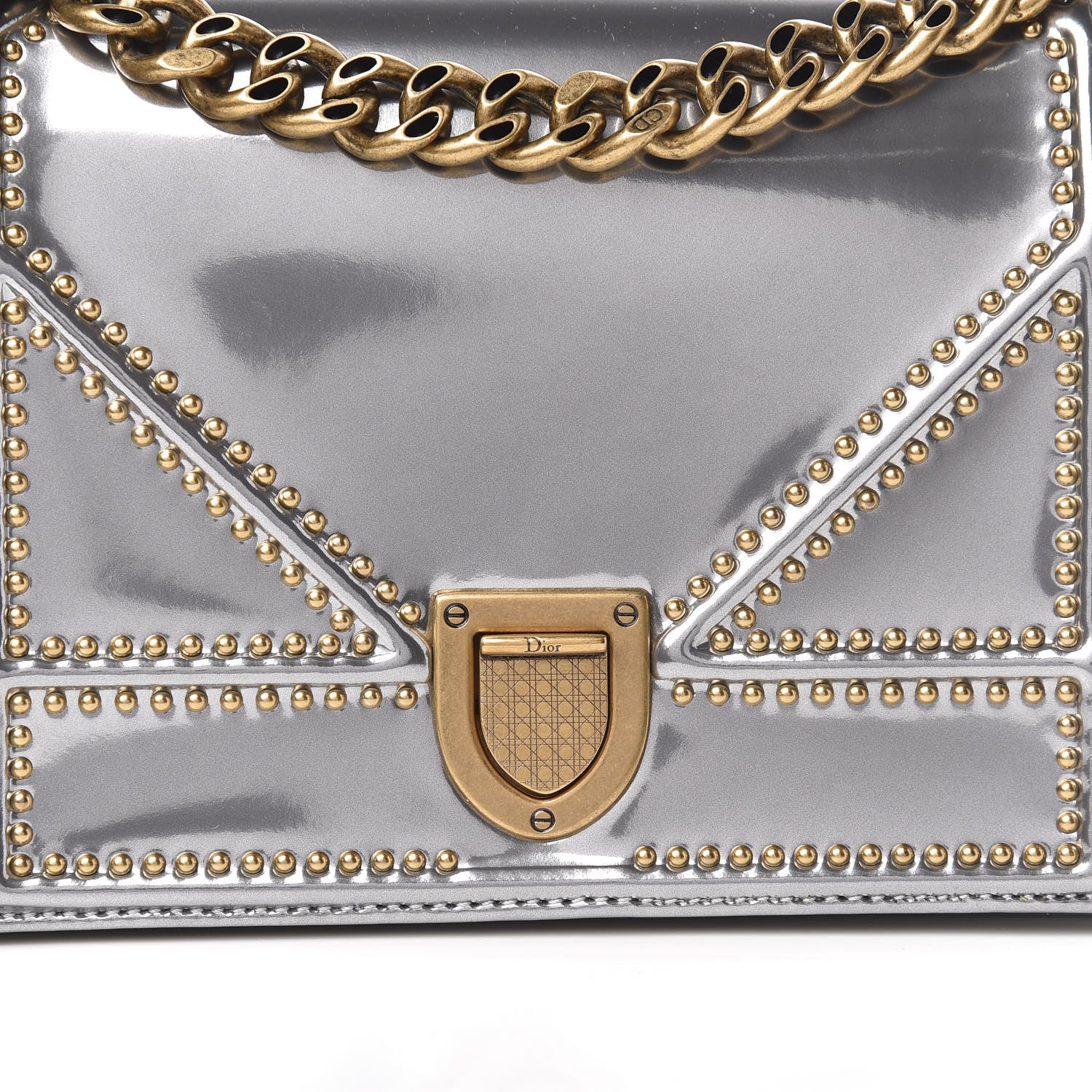 Christian Dior Metallic Patent Studded Small Diorama Flap Bag Silver 10 of 10