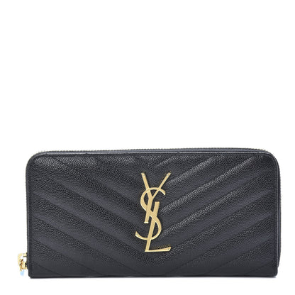 Saint Laurent Grain De Poudre Matelasse Chevron Monogram Zip Around Wallet Black 1 of 8