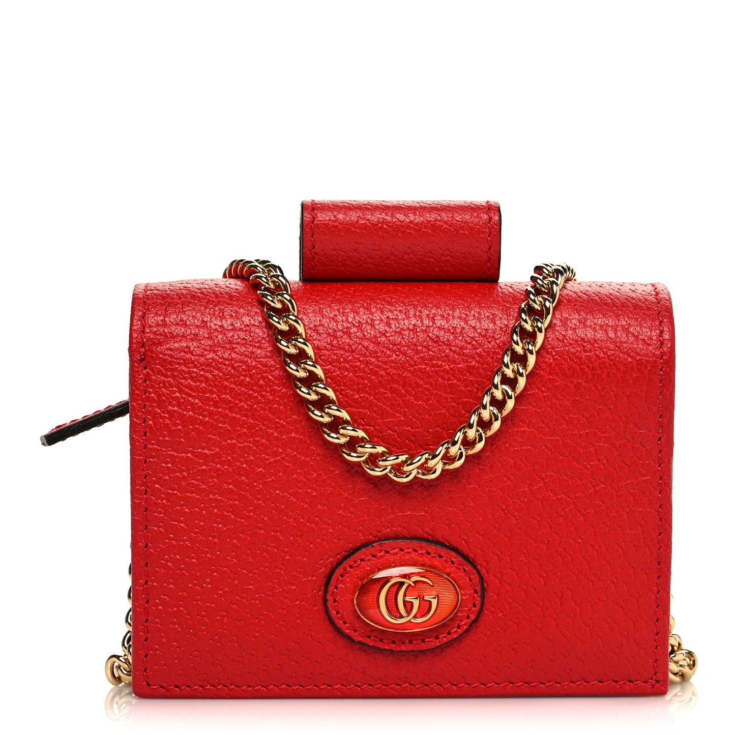 Textured Calfskin Enamel GG Hardcase Lipstick Holder Chain Wallet Lobster Red