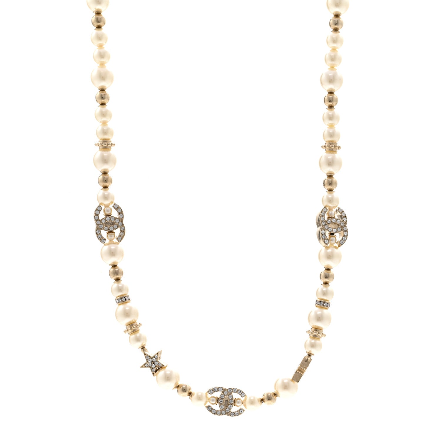 Chanel Metal Crystal Pearl CC Star Short Pendant Necklace Gold 1 of 6