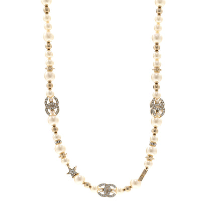 Chanel Metal Crystal Pearl CC Star Short Pendant Necklace Gold 1 of 6