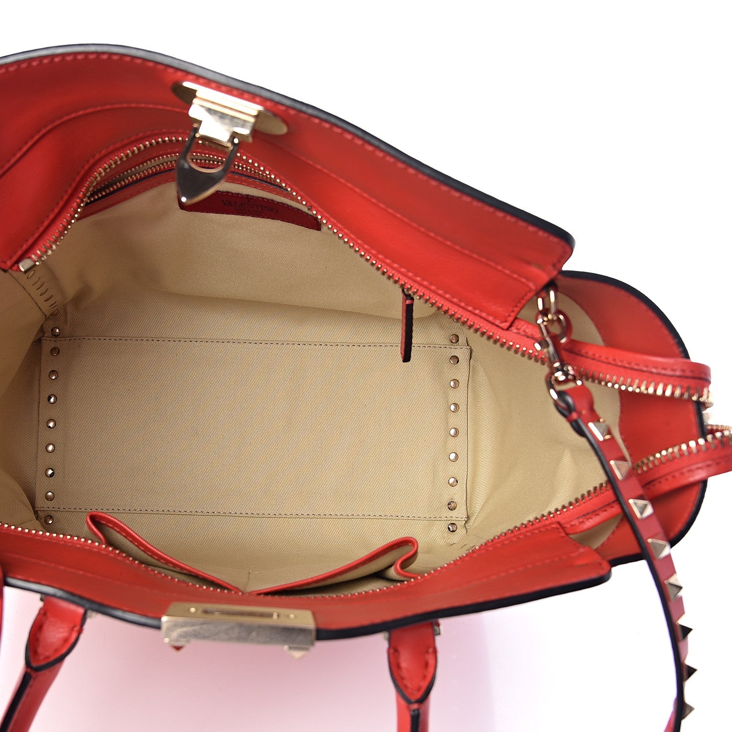Valentino Garavani Vitello Rockstud Double Handle Tote Deep Orange 5 of 9