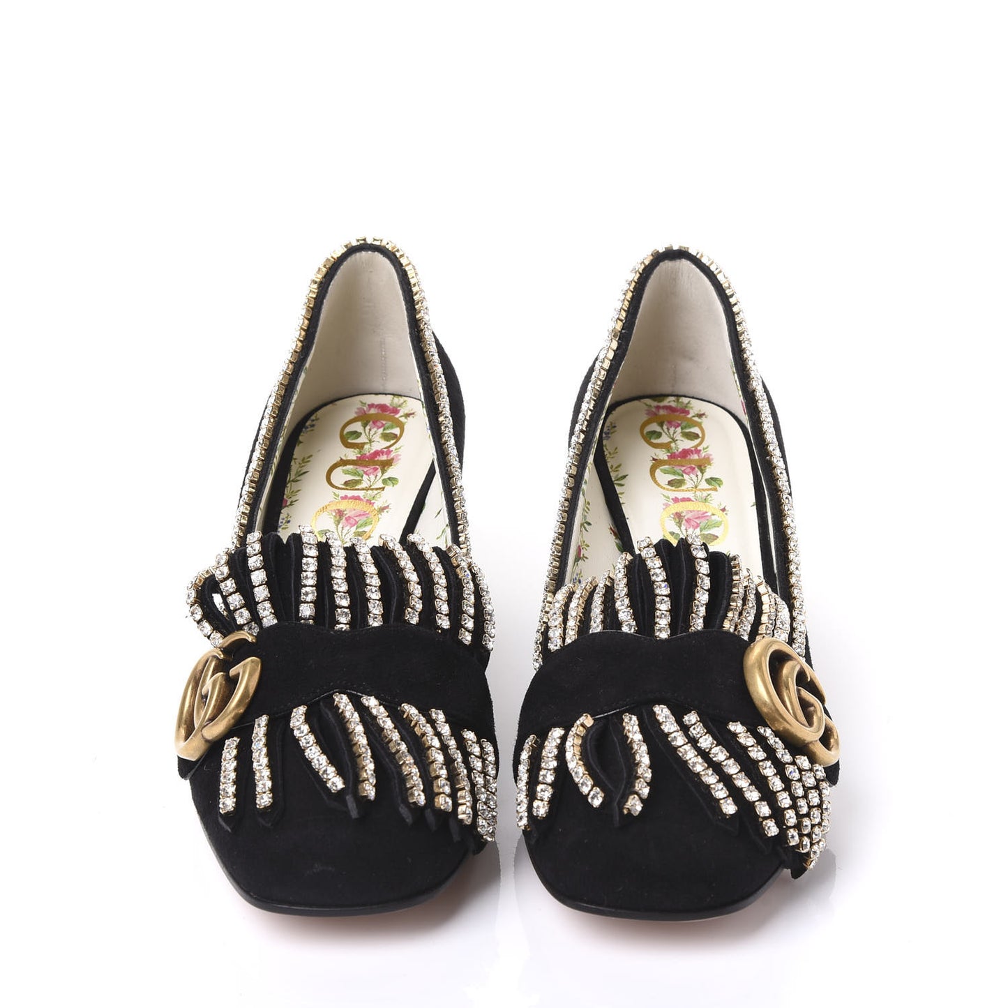 Kid Scamosciato Crystal GG Marmont Fringe 50mm Loafer Pumps 36 Black