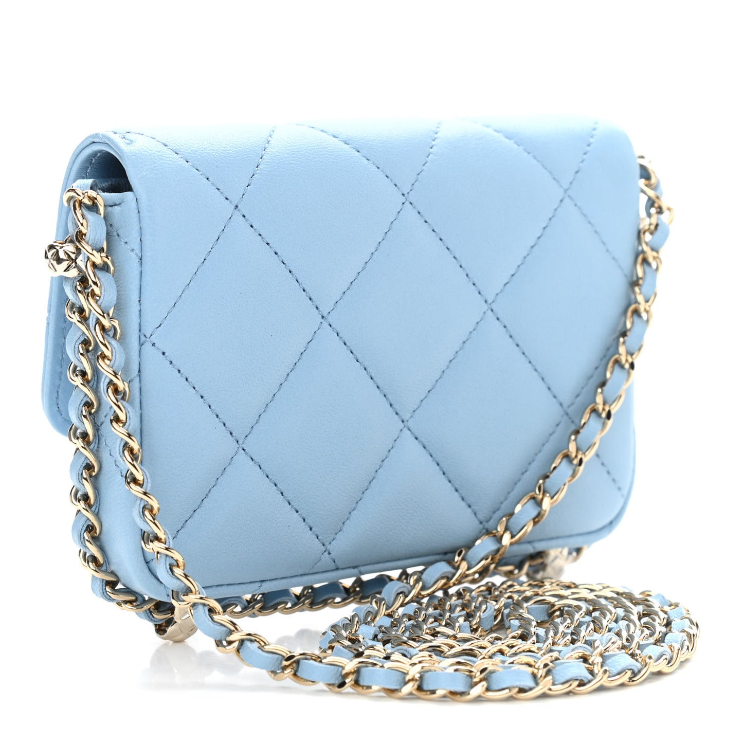 Lambskin Quilted Chain Around Coin Purse With Chain Light Blue