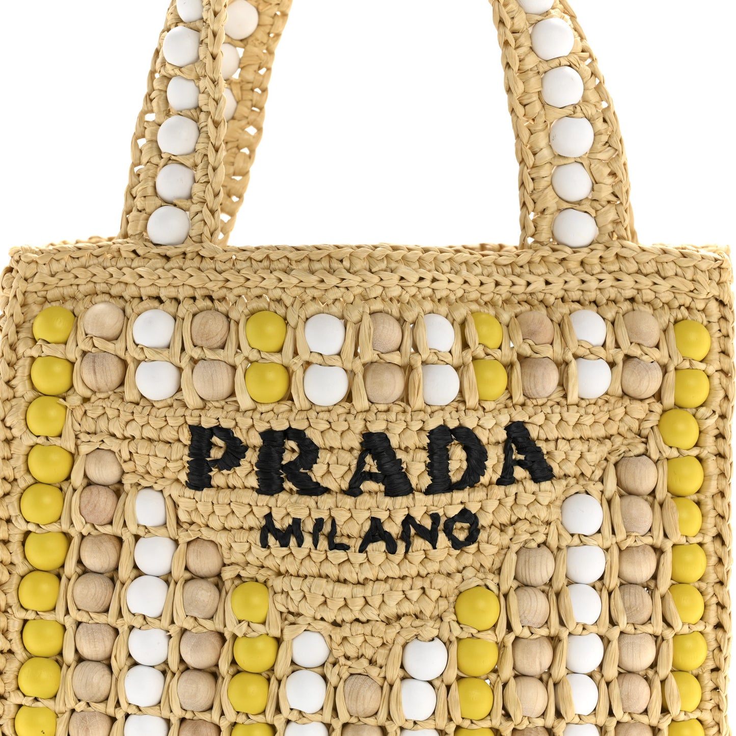 Raffia Wood Bead Embroidered Logo Tote Bag Naturale