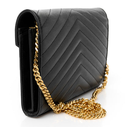 Saint Laurent Grain De Poudre Matelasse Chevron Monogram Chain Wallet Black 3 of 9