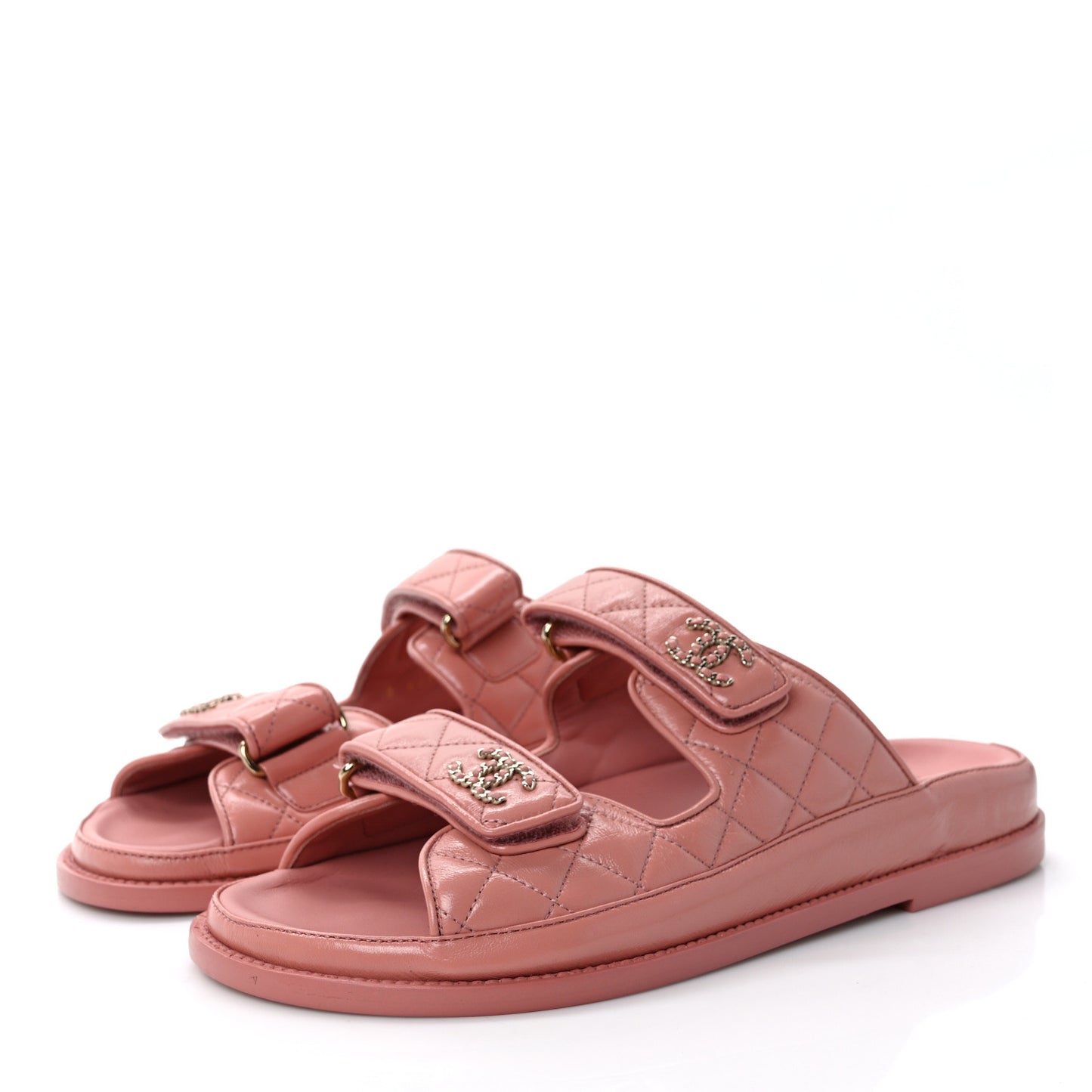 Lambskin Quilted Velcro Dad Chain CC Slide Sandals 39 Pink
